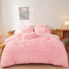 FOPPA Fluffy Faux Fur Pink Comforter Cover Set Queen - Ultra Soft Plush Pink Bedding Sets 3 Pieces (1 Fluffy Duvet Cover + 2 Faux Fur Pillow case) Cute Bed Set (Light Pink, Queen)