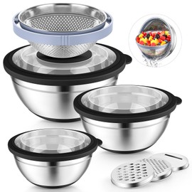 P&P CHEF Mixing Bowls with Lids Set of 3, 3 Pcs Stainless Steel Nesting Salad Bowls and Colander for Kitchen, 3 Grater Attachments & Non-Slip Bottoms, Visible & Airtight Lid, Black