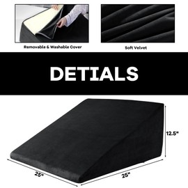 HOMBYS Ultra Soft Velvet Bed Wedge Pillow Cover-Super Soft Fleece Pillowcase with Zipper Design, Removable & Machine Washable Pillowcase, (Black, 25"x25"x12.5")