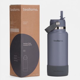 Seallama. Stainless Steel Wide Mouth Water Bottle - 2 Lids (Flex Straw Lid) and Double-Wall Vacuum Insulation - Leak Proof, BPA-Free, for Travel, Sports, School, and Car (Stormy Granite, 32 oz)