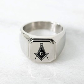 Stainless Steel Freemasons Masonic Royal Compass Symbol Engraved Square Flat Top Biker Style Polished Ring, Size N 1/2