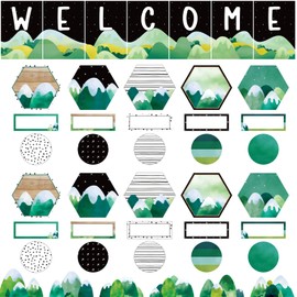 Mooliwe 67 Pcs Scandi Mountains Welcome Bulletin Board Set Moving Mountains Classroom Decor with Banner Cutouts, Flat Name Plates, Welcome Back to School Bulletin Board Border for Classroom Decoration