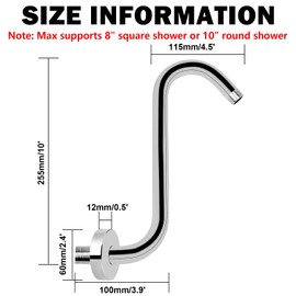 NearMoon S Shaped Shower Head Riser Arm, Shower Extender Arm with Flange, Standard 1/2" Connection- Bathroom Accessory (10 Inch, Chrome)