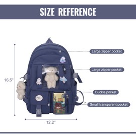 Jywmsc Kawaii School Backpack for Girls Women Cute Aesthetic Backpack School Book Bag with Pin and Accessories (White), blue