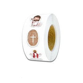 Rollo 500 pcs etiquetas, calcamonías, pegatinas, stickers cristianas Jesús infantil, biblia, religión 2.5 cms (1 pulg), 10 Diseños de Etiquetas Adhesivas