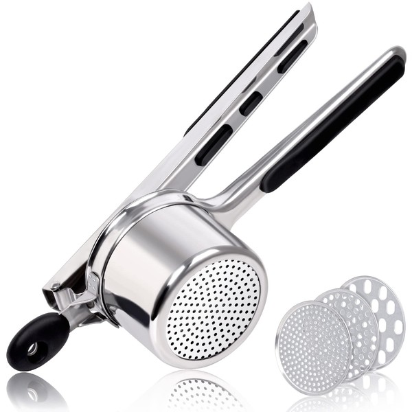 Potato Ricer, Sopito Potato Masher with 3 Interchangeable Strainers, Stainless Steel Potato Press for Fluffy Mashed Potatoes, Vegetable Porridge, Fruit Juices and Food Recipe
