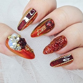 Bloody Rose Handmade Nail Tips - Long Stiletto / 블러디 로즈 수제네일팁 - 롱 스틸레토
