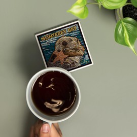 Monterey Bay, California, Mosaic, Otter (Absorbent Ceramic Coaster, Single, Cork Back, Kitchen Table Decor)