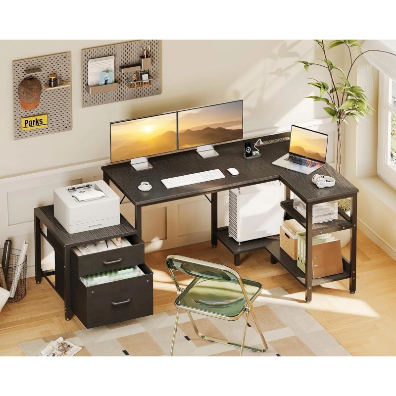 Casaottima L Shaped Desk with Drawers & File Cabinet, 55
