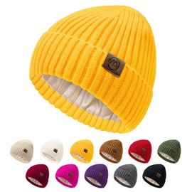 Yellow Unisex Satin Lined Beanie Warm Winter Hat Silk Lined Beanie for Women Men Knit Slouchy Hat