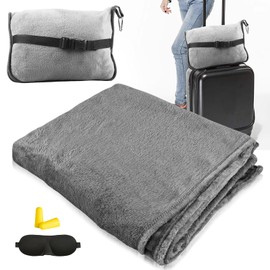 HOSPAOP Travel Blanket Aeroplane, Travel Pillow Blanket 2 in 1, Portable Aeroplane Blanket (127 x 152 cm) with Sleeping Mask and Ear Plugs, Travel Pillow for Train, Plane, Car, Camp