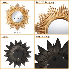 4 Pieces Big Sunburst Wall Mirror Gold Vintage Mirror Set for Home Decor Metal Hanging Round Decorative Mirrors Accessories Modern Present for Home Living Room Bedroom Entryway