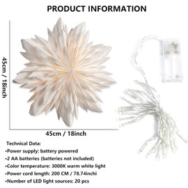 EANLOLY Christmas Star Illuminated, Paper Stars Christmas, 3D Star Window, Christmas Decoration Indoor Hanging with Lighting, White, 45 cm