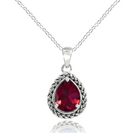 Ice Gems Sterling Silver Created Ruby Pear-Cut Oxidized Rope Pendant Necklace