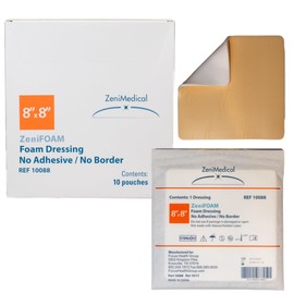 ZeniFOAM Polyurethane Foam Dressing 8" x 8" - No Border, No Adhesive, Sterile, Highly Absorbent for Heavy Wound Drainage, Non-Stick and Lint-Free Pad, Latex-Free, with Waterproof Backing (10pcs/Box)