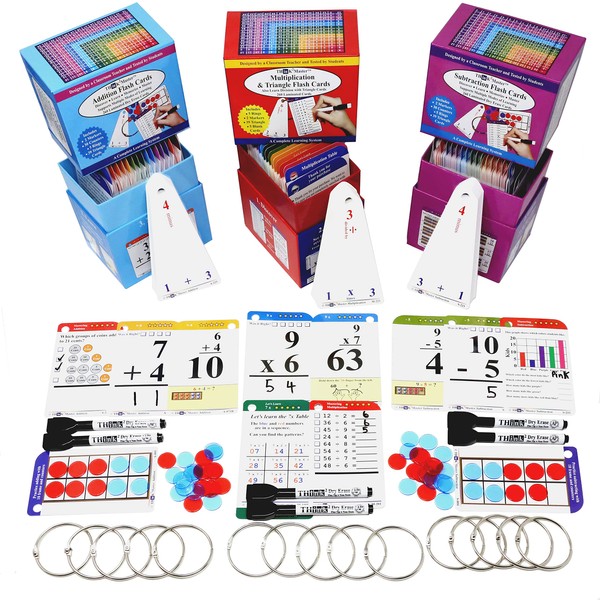 Think2Master Addition, Subtraction & Multiplication Flash Cards. This 3 Pack Includes 780 Laminated Cards to Learn How to add, Subtract, Multiply, Divide. Plus 6 Dry Erase Markers & 15 Rings