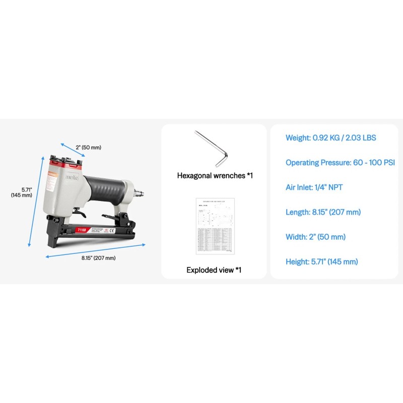 meite 7116B 22 GA3/8" Crown Pneumatic Staple Gun 1/4"- 5/8"Upholstery