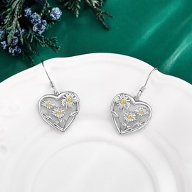 DAYLINLOVE Sunflower Earrings 925 Sterling Silver Sunflower Heart Dangle Hoop Earrings Flower Jewellery Gift For Women