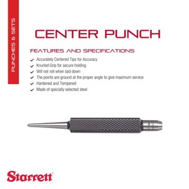 Starrett Steel Center Punch with Square Shank and Knurled Finger Grip - Hardened and Tempered Steel, 88mm Length, 2mm Diameter Tapered, 9.5mm Square Thickness - 264B