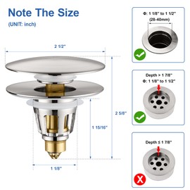 PerPaiMe 3-in-1 Universal Bathroom Sink Stopper - Brushed Nickel Pop Up Sink Drain Stopper, Brass Bounce Bullet Core Sink Stopper Replacement, Wash Basin Drain Filter Plug with Anti-Clogging Strainer