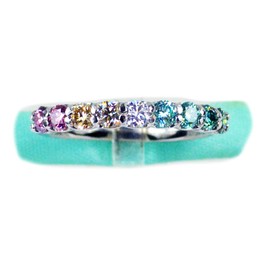 Rainbow Genuine Moissanite Band, 925 Sterling Silver, Platinum Plated, Pink, Yellow, White, Blue, Greenish Blue (8.5)