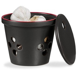 ONEMORE Large Garlic Keeper for Counter, Garlic Holder Countertop Garlic Storage Container with Lid, Ceramic Garlic Jar Garlic Saver Keeper for Fridge - Farmhouse Style Kitchen Décor, 5 inch, Black