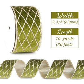 Mayreel Moss Green and Gold Christmas Tree Ribbon 2.5 Inch, Metallic Diamond Glitter Velvet Wired Edge Lattice Ribbon for Gift Wrapping, Floral Craft, Bows, Wreaths, Garland, Holiday Decor,10 Yards