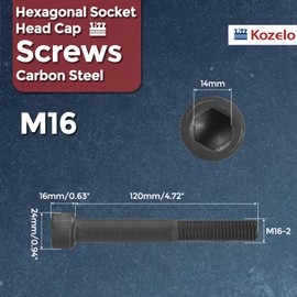 Kozelo 2pcs Socket Head Cap Screws - [M16-2x120mm] Alloy Steel Fully Threaded Black Oxide Grade 12.9 Internal Hex Screw for 3D Printer Furniture Industrial Use, Black