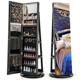 CHARMAID 63.5" H Jewelry Armoire with Full Length Mirror 360° Swivel, Rear Storage Shelves, Lockable Standing Jewelry Cabinet Organizer with Interior Vanity Mirror and 3-Color Lights (Black)