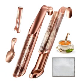 2 Pcs Tea Infuser with Hook Handle, Tea Diffusers for Loose Tea, Tea Steeper Stainless Steel Tea Strainers & Filters with Teaspoon Tea-tweezers Steel Wire Cloth(rose gold)