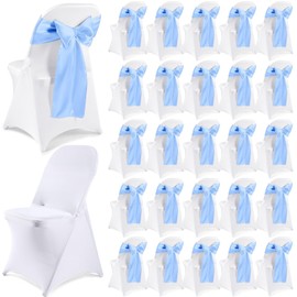 Lounsweer 50 Pcs Folding Chair Cover Set with 25 Stretch Spandex Slipcovers 25 Satin Chair Sashes Bows Ribbon Washable Banquet Protector for Wedding Event Party(White, Sky Blue)