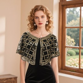 BAOKELAN Women 1920s Shawl Wrap Sequin Evening Cape Shawls for Dresses Wedding Party Black Gold