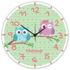 GRAVURZEILE Children's Wall Clock Owl Motif with Name – Silent Children's Wall Clock Suitable for Girls and Boys – Colourful Learning Clock for Children 30 cm – Easy to Read Time Learning – Colourful