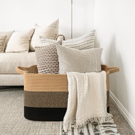 Goodpick Blanket Basket, 21.6" x 14.9" x 11.8", Woven Storage Basket for Bedroom, Wicker Laundry Basket for Clothes, Large Baskets for Organizing, Rectangle Rope Baskets for Storage, Black