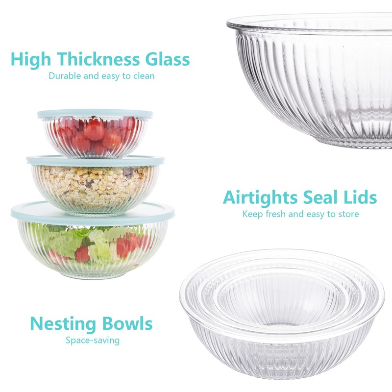 WhiteRhino Glass Mixing Bowls with Lids Set of 3(3.7QT, 2.1QT,