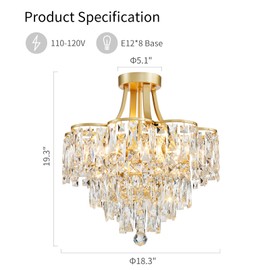 WUZUPS Crystal Chandelier Semi-Flushmount Ceiling Light Modern Lighting Fixture for Bedroom Hallway Entry Kitchen Bathroom, H 19.3" x W 18.3", E12 Base, Gold