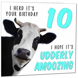 10th Birthday Card for Men Women Cow Pun Funny Birthday Card for 10 Year old Girls Daughter Kids ten, tenth Granddaughter Niece Sister cousin