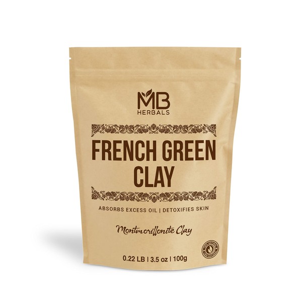 MB Herbals French Green Clay 100g | (3.5 oz) | 100% Pure Montmorillonite Clay | Absorbs Excess Oil | Detoxifies Skin | Recommended For Oily Skin | Mined and Processed in India