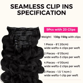 Lashey Seamless Clip in Hair Extensions Human Hair 130g 9pcs 14 Inch Body Wave #1 Jet Black Clip in Hair Extensions for Women Natural Hair Extensions