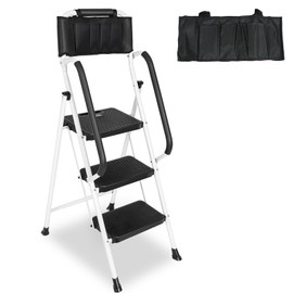 3 Step Ladder with Handrails & Attachable Tool Bag, 500 lbs Folding Step Stool Ladder, Wide Non-Slip Pedal for Kitchen Pantry Home Office, White