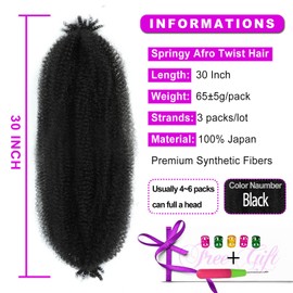 Afro Twist Hair 30Inch 3Packs Springy Afro Twist Hair Spring Twist Crochet Braiding Hair (30 Inch (Pack of 3), 1B#) …