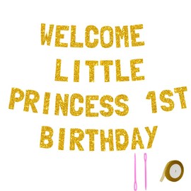 Meowoo Glamorous 1st Birthday Banner, Welcome Little Princess Decor, 7.7 Inch Glitter Gold Letters, Easy Assembly & Durable Design for Baby Party Supplies, Celebration Decoration