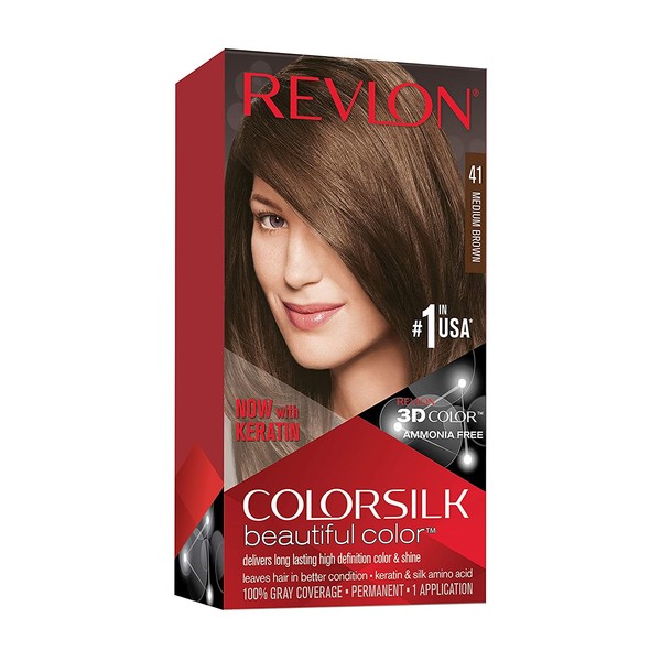 REVLON Colorsilk Beautiful Color Permanent Hair Color with 3D Gel Technology & Keratin, 100% Gray Coverage Hair Dye, 41 Medium Brown