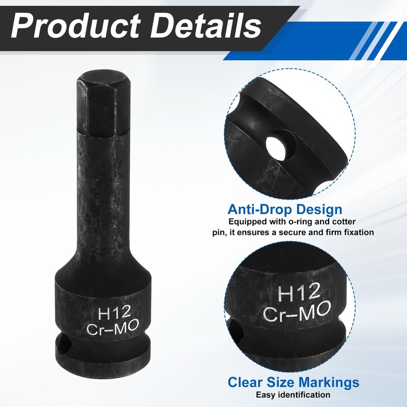 HARFINGTON 1/2" Drive Impact Hex Bit Socket 12mm Metric CR-MO