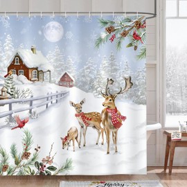 Bonhause Shower Curtain Winter Christmas Reindeer Forest Pine Farmhouse Shower Curtains 180 x 180 cm Anti-Mould Waterproof Polyester Fabric Washable Bathroom Curtain for Bathroom with 12 Hooks
