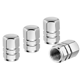 Silver Hex Aluminum Tire Valve Stem Caps - 4 Pack - Universal