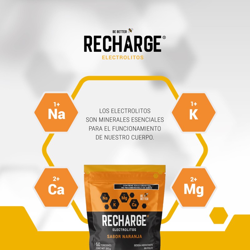 Be Better RECHARGE, Electrolitos En Polvo 60 Porciones, Sabor Naranja,