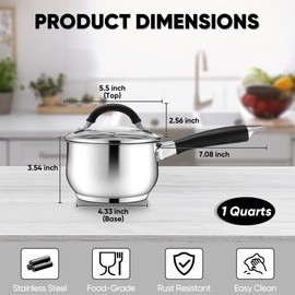 E-far 1 Quart Sauce Pan with Lid, Tri-Ply Base Stainless Steel Small Saucepan with Stay-Cool Handle, Non-toxic Kitchen Cooking Sauce Pot, Compatible with All Cooktops, Dishwasher Safe
