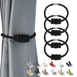 BEL AVENIR - Alzapaños magnéticos para cortina de algodón, decorativos, modernos lazos tejidos con nudo exquisito (algodón negro, paquete de 4)