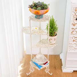 Sungmor Vintage Cast Iron 4-Tier Plant Stand, Elegant Butterfly & Floral Design with Antique White Finish, 36 Inch Tall Rustic Flower Pot Holder, Heavy Duty Metal Display Shelf for Indoor and Outdoor,